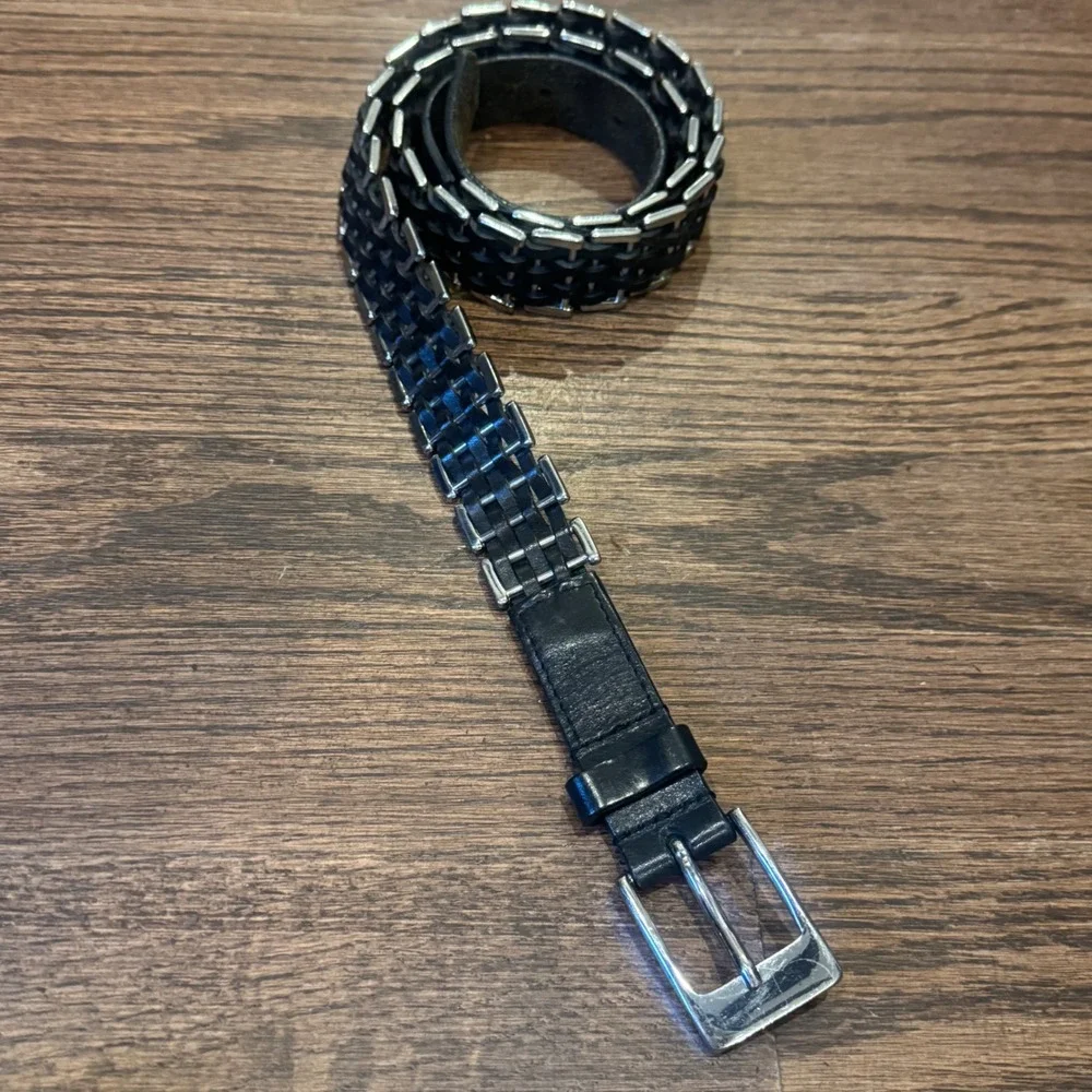 Vintage Solid Brass Chain Link Belt Black Woven Leather Silver Tone Size 40in